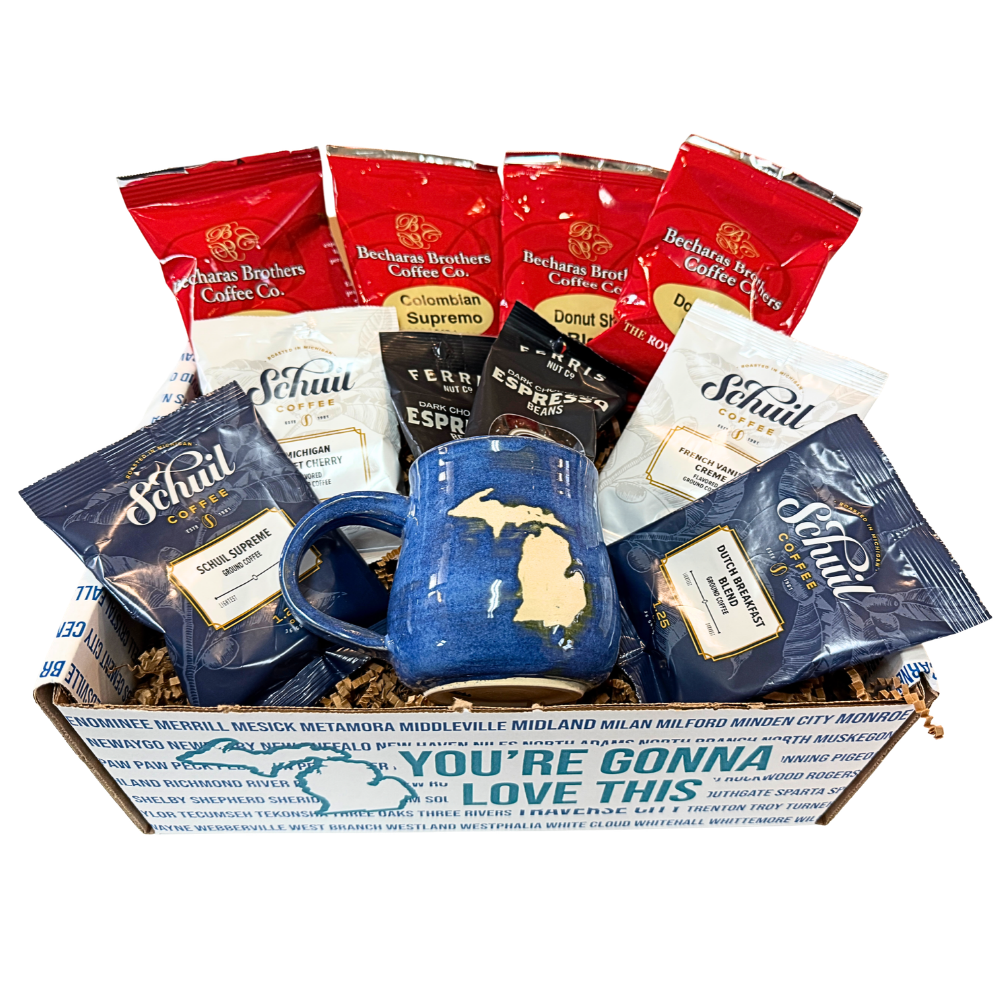 made in michigan gift box with coffee and mug
